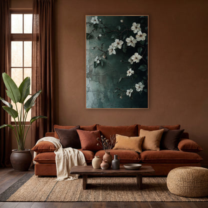 Climbing White Jasmine Vine Botanical wall art in a warm boho-style room – white jasmine flowers and dark green leaves