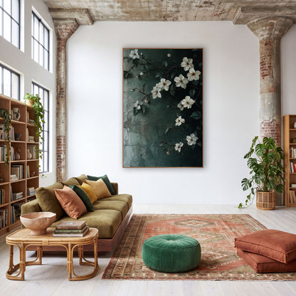 Climbing White Jasmine Vine Botanical wall art in a warm boho-style room – white jasmine flowers and dark green leaves