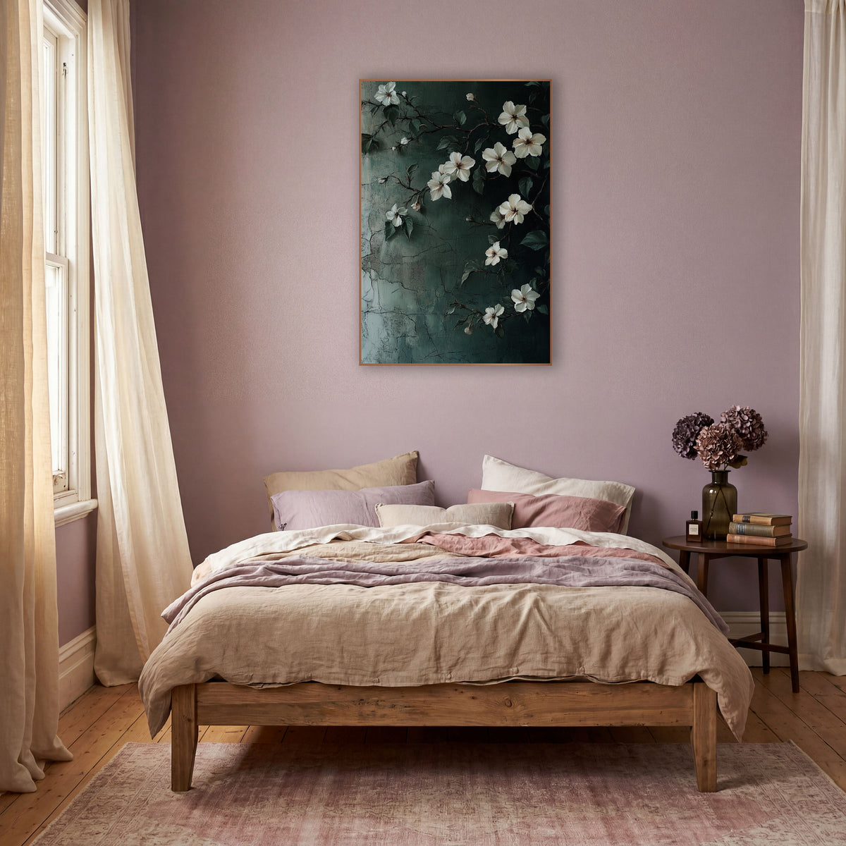 Climbing White Jasmine Vine Botanical wall art in a warm boho-style room – white jasmine flowers and dark green leaves