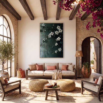 Climbing White Jasmine Vine Botanical wall art in a warm boho-style room – white jasmine flowers and dark green leaves
