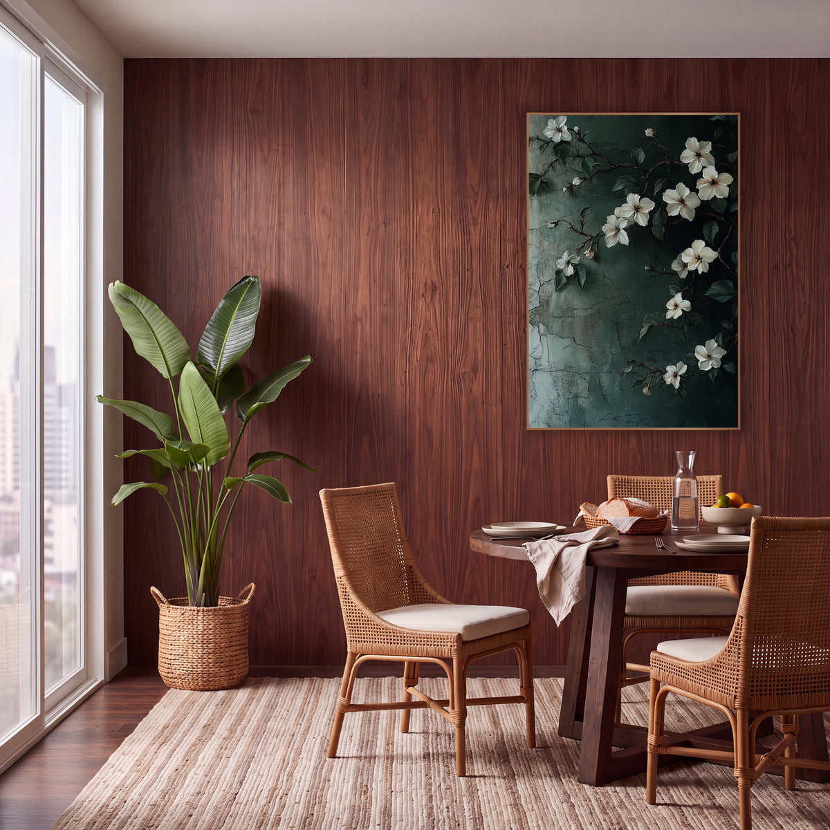 Climbing White Jasmine Vine Botanical wall art in a warm boho-style room – white jasmine flowers and dark green leaves