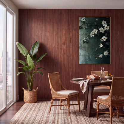 Climbing White Jasmine Vine Botanical wall art in a warm boho-style room – white jasmine flowers and dark green leaves