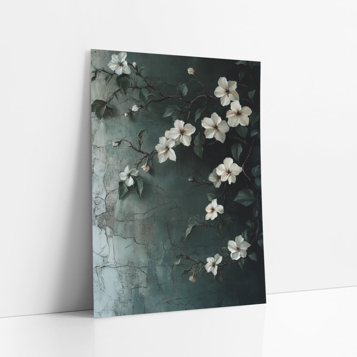 Climbing White Jasmine Vine Botanical art print leaning against a white wall – white jasmine flowers and dark green leaves