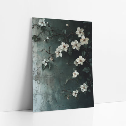 Climbing White Jasmine Vine Botanical art print leaning against a white wall – white jasmine flowers and dark green leaves