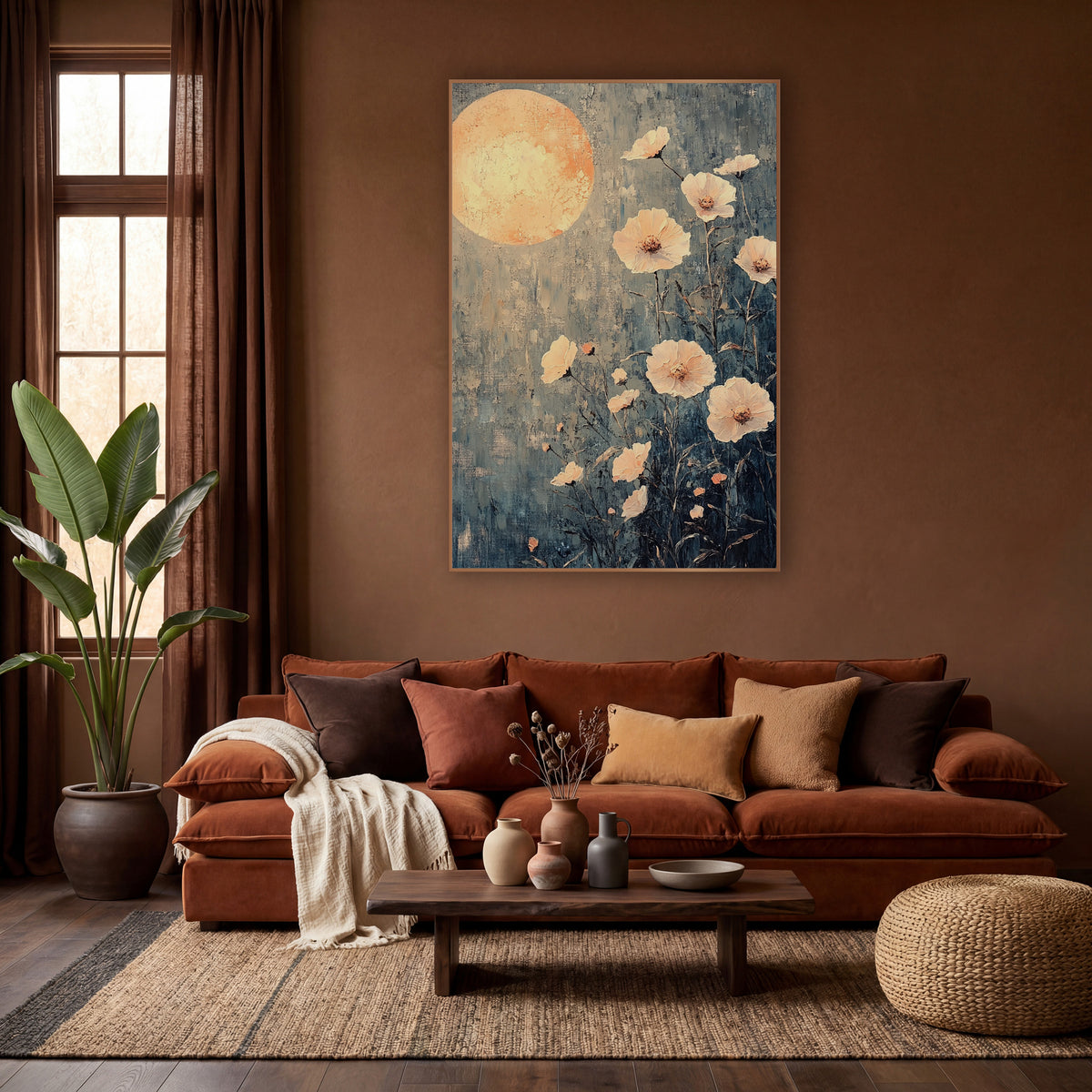 Peach Moon Blossom Bohemian wall art in a warm boho-style room – large glowing peach moon above pale peach flowers