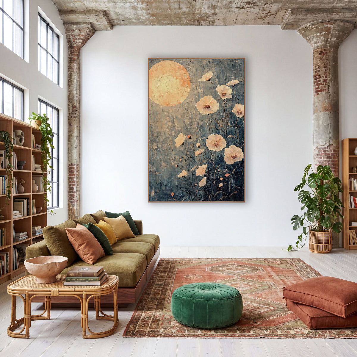 Peach Moon Blossom Bohemian wall art in a warm boho-style room – large glowing peach moon above pale peach flowers