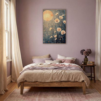 Peach Moon Blossom Bohemian wall art in a warm boho-style room – large glowing peach moon above pale peach flowers