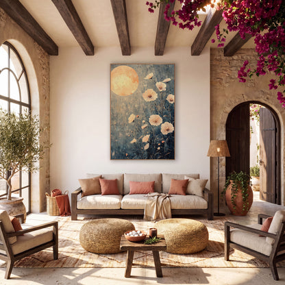 Peach Moon Blossom Bohemian wall art in a warm boho-style room – large glowing peach moon above pale peach flowers