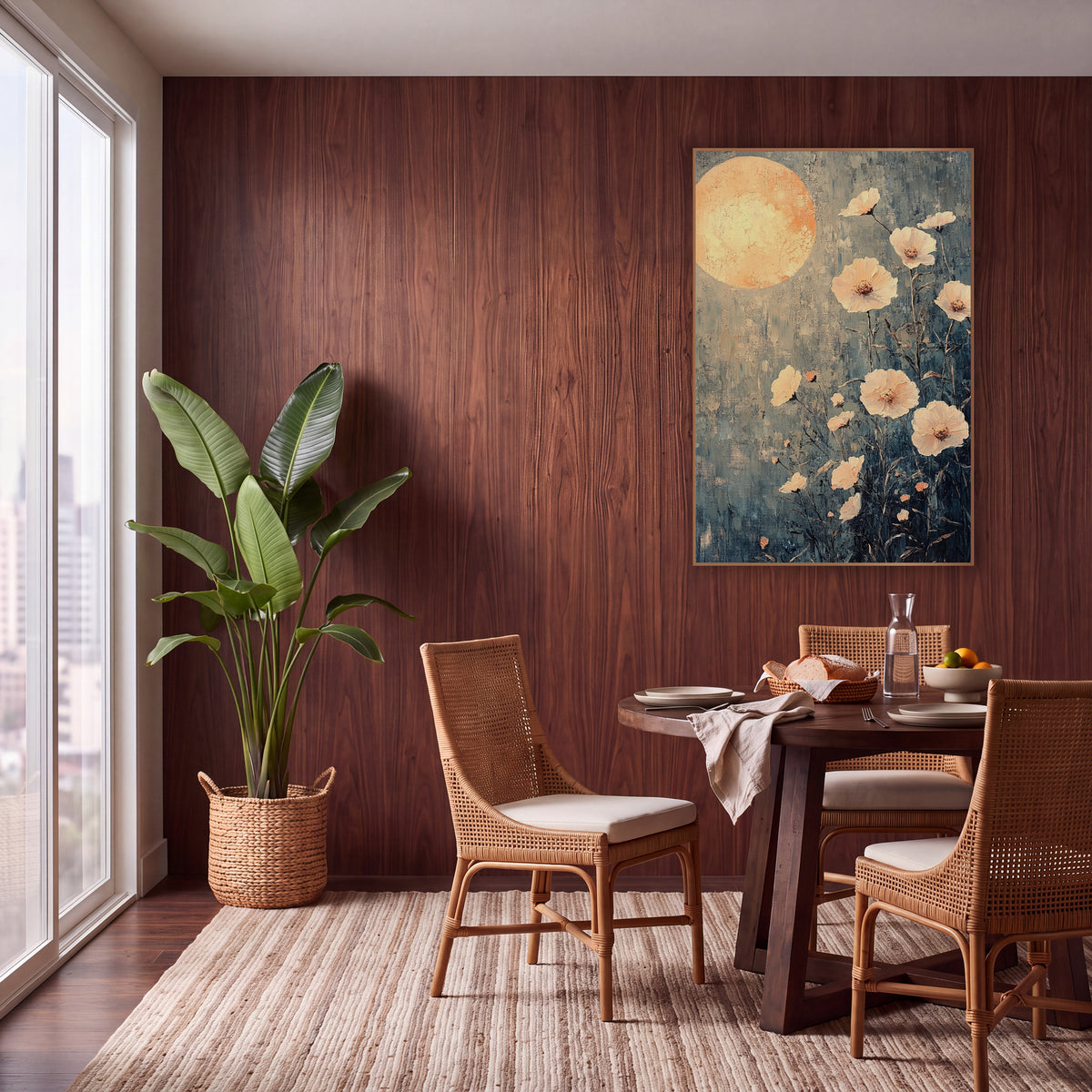 Peach Moon Blossom Bohemian wall art in a warm boho-style room – large glowing peach moon above pale peach flowers