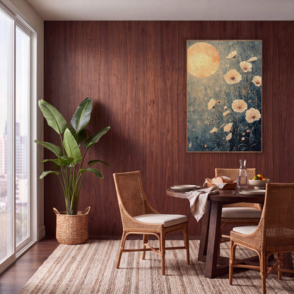 Peach Moon Blossom Bohemian wall art in a warm boho-style room – large glowing peach moon above pale peach flowers