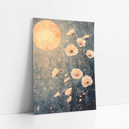 Peach Moon Blossom Bohemian art print leaning against a white wall – large glowing peach moon above pale peach flowers
