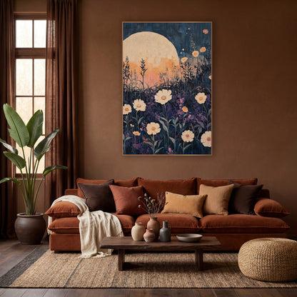 Moonlit Cream Flower Meadow Boho wall art in a warm boho-style room – boho night garden artwork of cream flowers