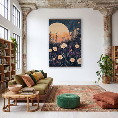 Moonlit Cream Flower Meadow Boho wall art in a warm boho-style room – boho night garden artwork of cream flowers