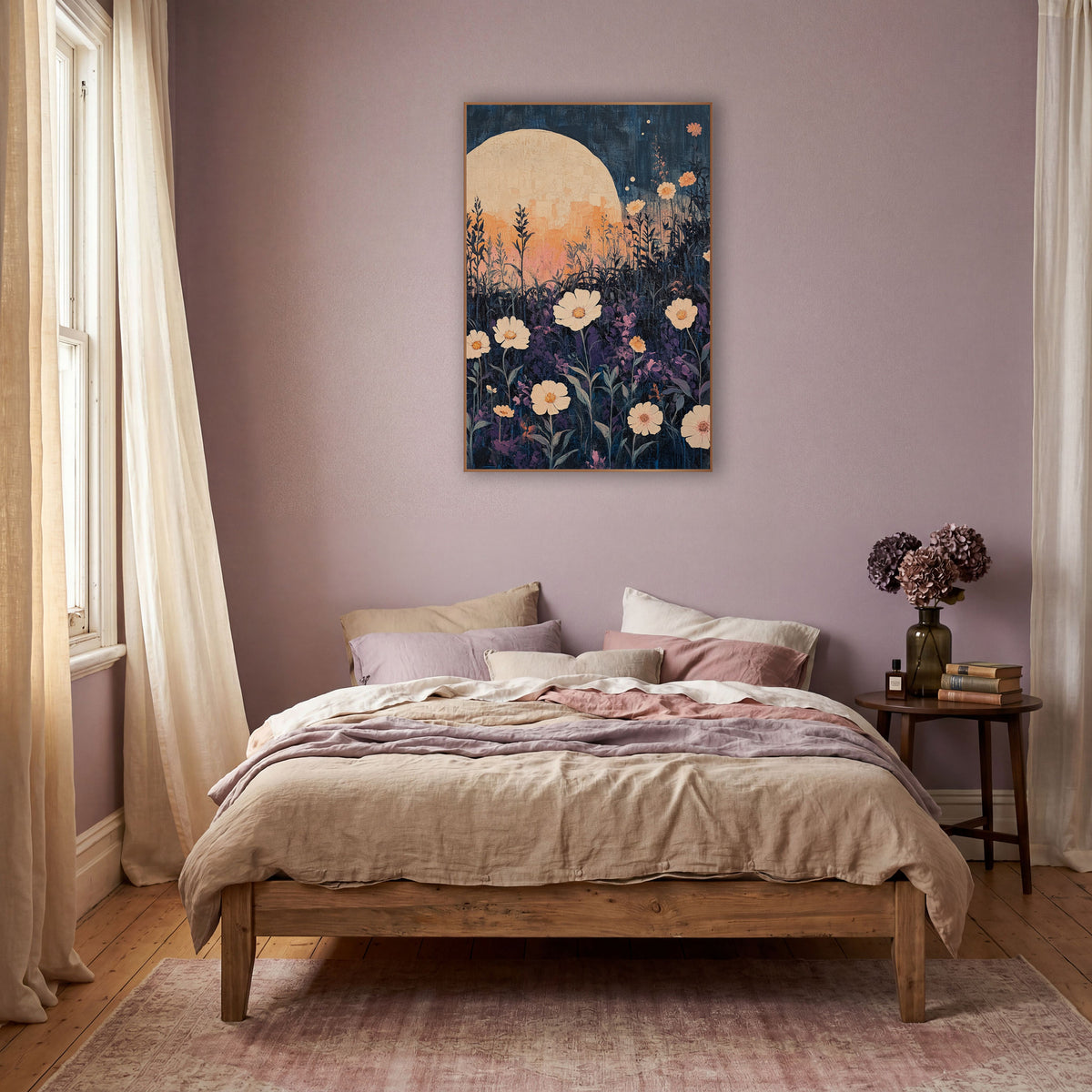 Moonlit Cream Flower Meadow Boho wall art in a warm boho-style room – boho night garden artwork of cream flowers