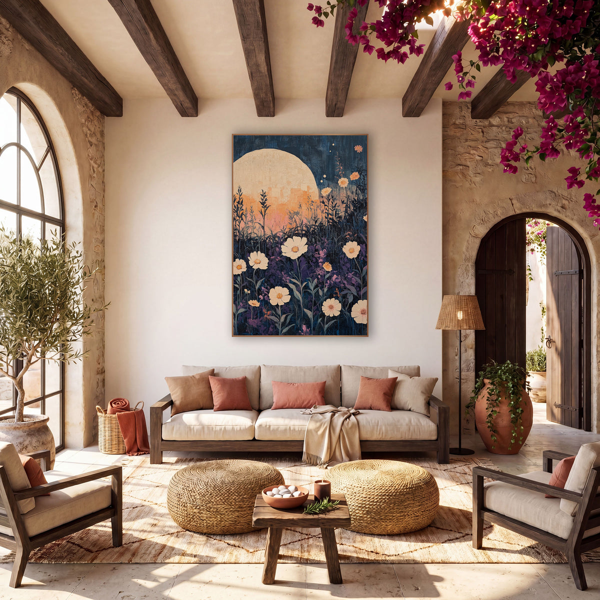 Moonlit Cream Flower Meadow Boho wall art in a warm boho-style room – boho night garden artwork of cream flowers