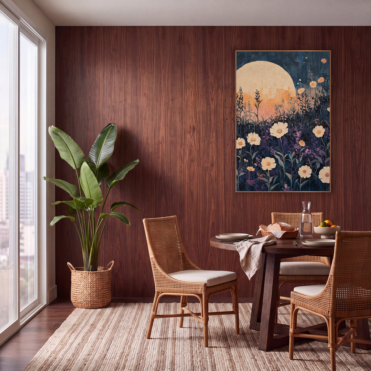 Moonlit Cream Flower Meadow Boho wall art in a warm boho-style room – boho night garden artwork of cream flowers