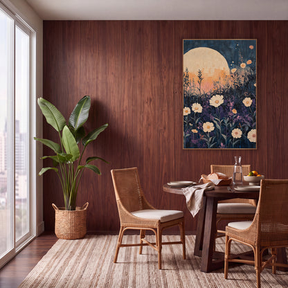 Moonlit Cream Flower Meadow Boho wall art in a warm boho-style room – boho night garden artwork of cream flowers