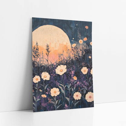 Moonlit Cream Flower Meadow Boho art print leaning against a white wall – boho night garden artwork of cream flowers