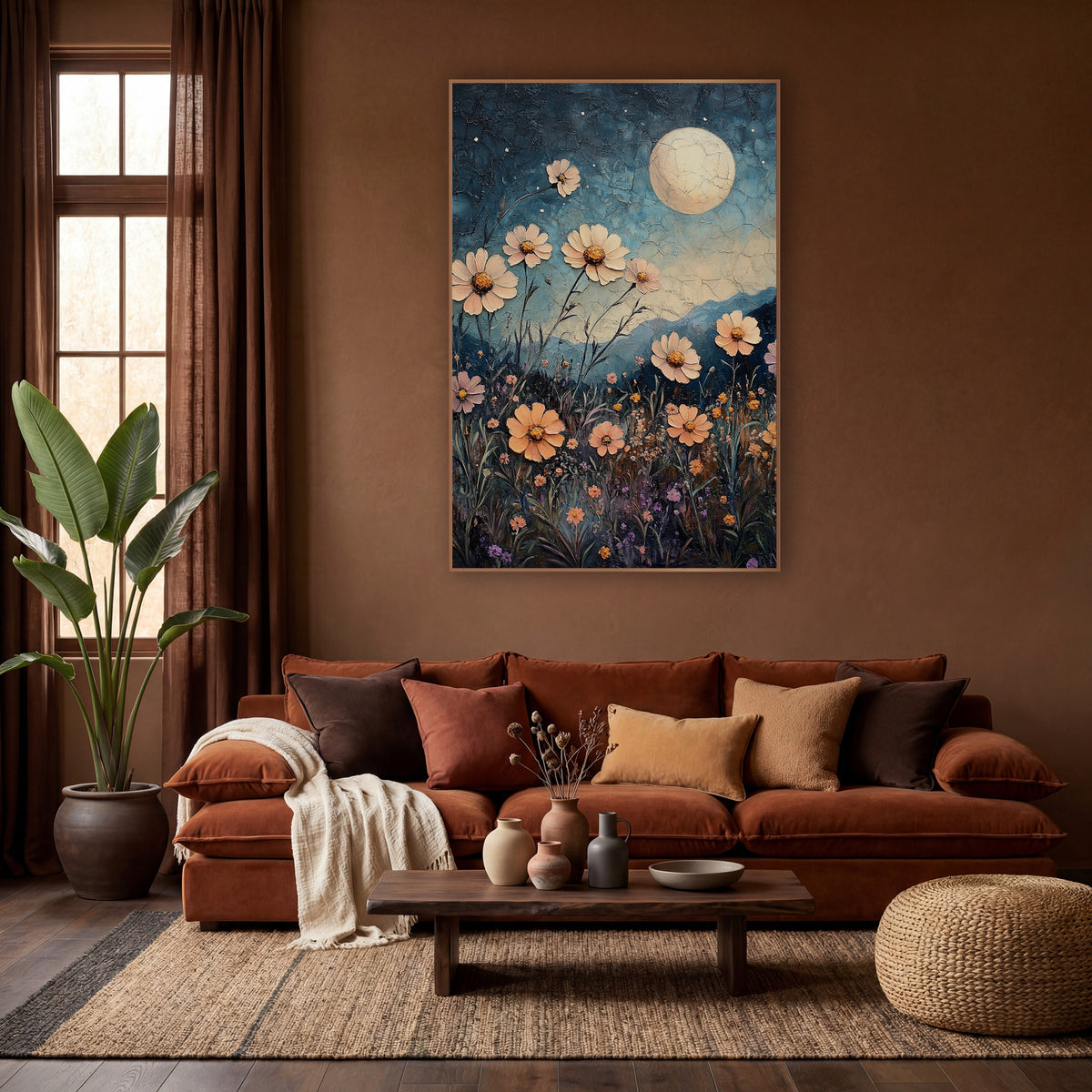 Moonlit Peach Flower Meadow Boho wall art in a warm boho-style room – peach and pink daisy-like flowers in a night
