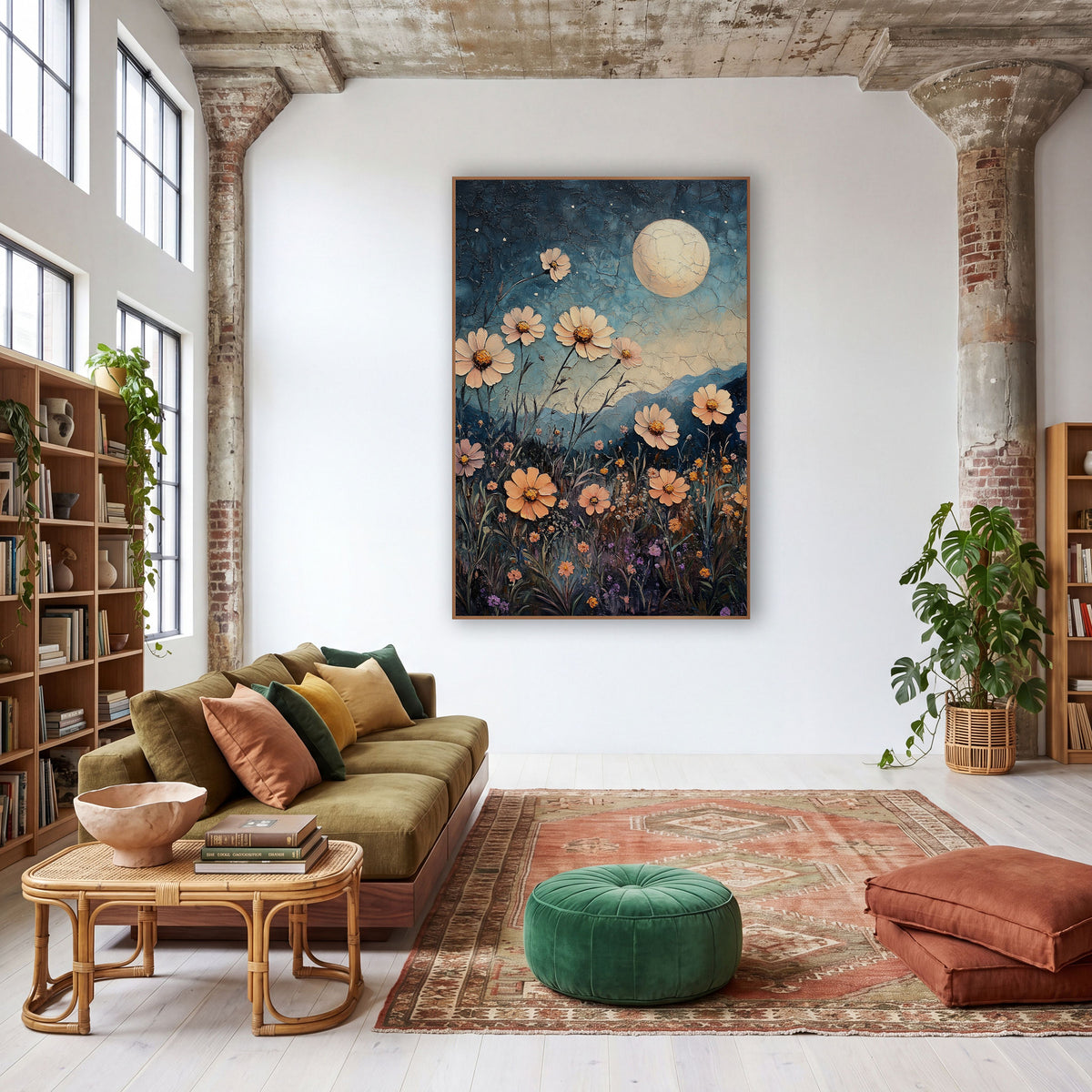 Moonlit Peach Flower Meadow Boho wall art in a warm boho-style room – peach and pink daisy-like flowers in a night