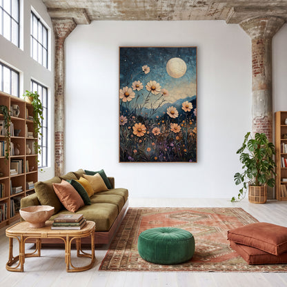 Moonlit Peach Flower Meadow Boho wall art in a warm boho-style room – peach and pink daisy-like flowers in a night