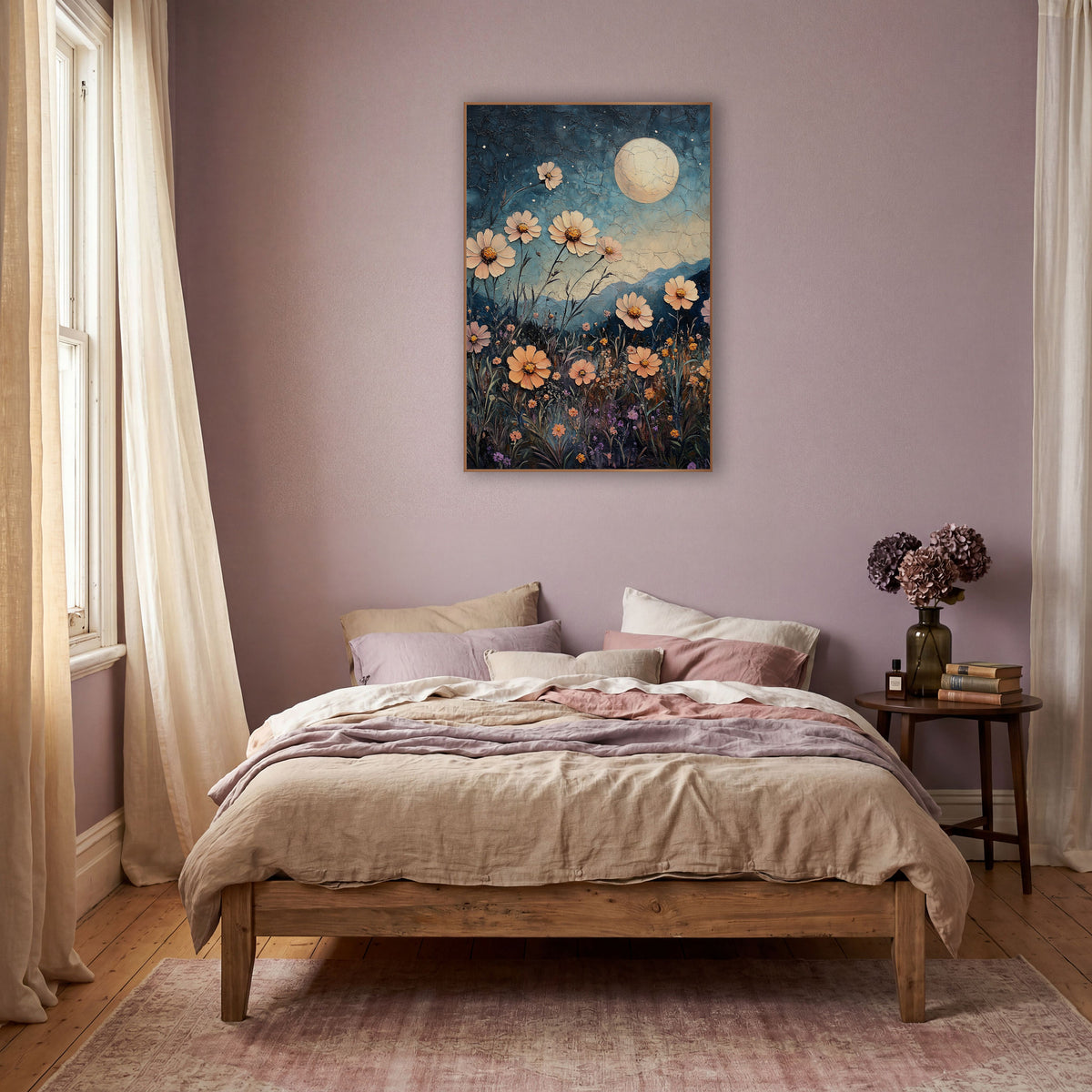 Moonlit Peach Flower Meadow Boho wall art in a warm boho-style room – peach and pink daisy-like flowers in a night