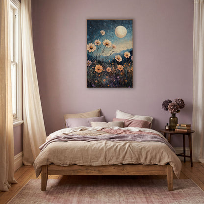 Moonlit Peach Flower Meadow Boho wall art in a warm boho-style room – peach and pink daisy-like flowers in a night