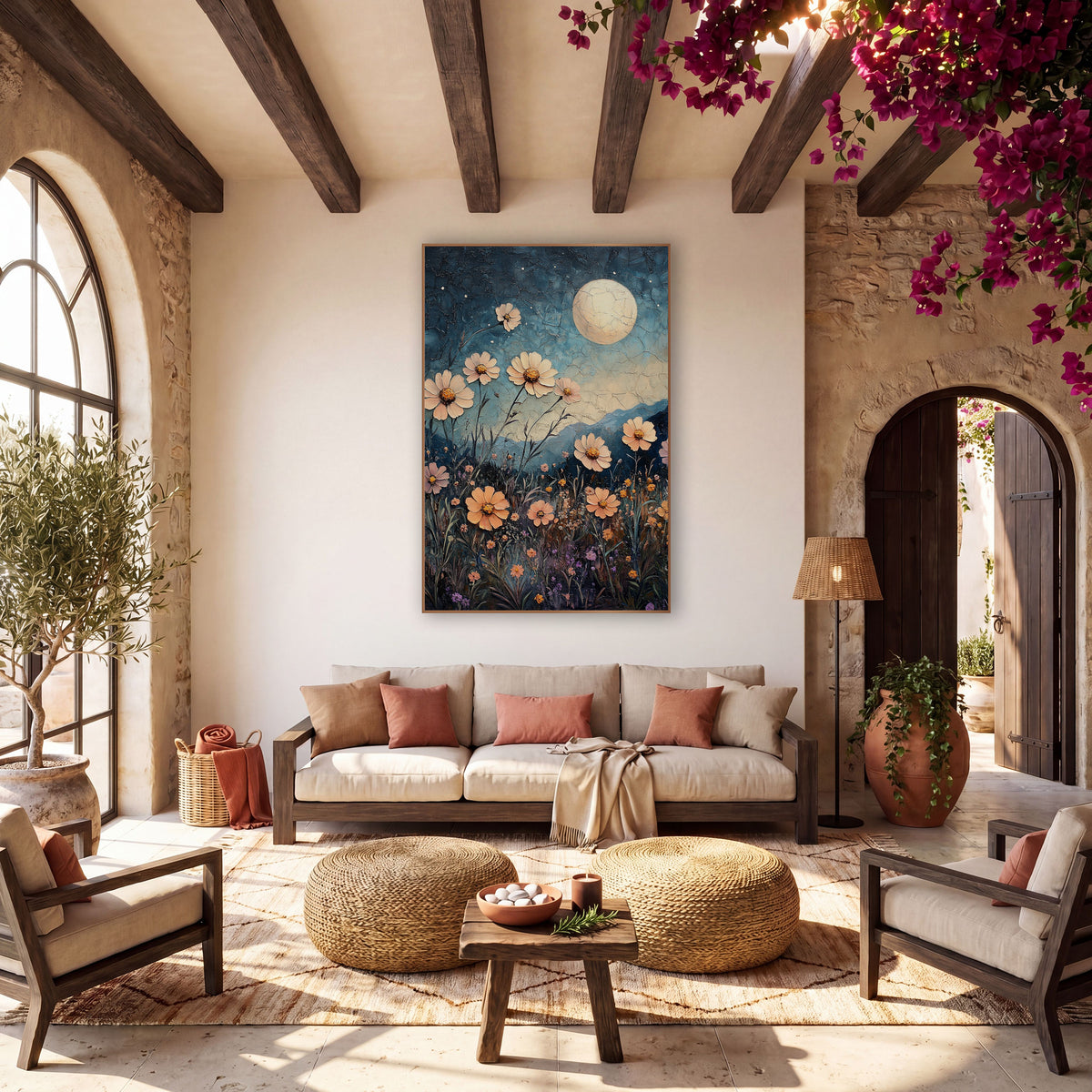 Moonlit Peach Flower Meadow Boho wall art in a warm boho-style room – peach and pink daisy-like flowers in a night
