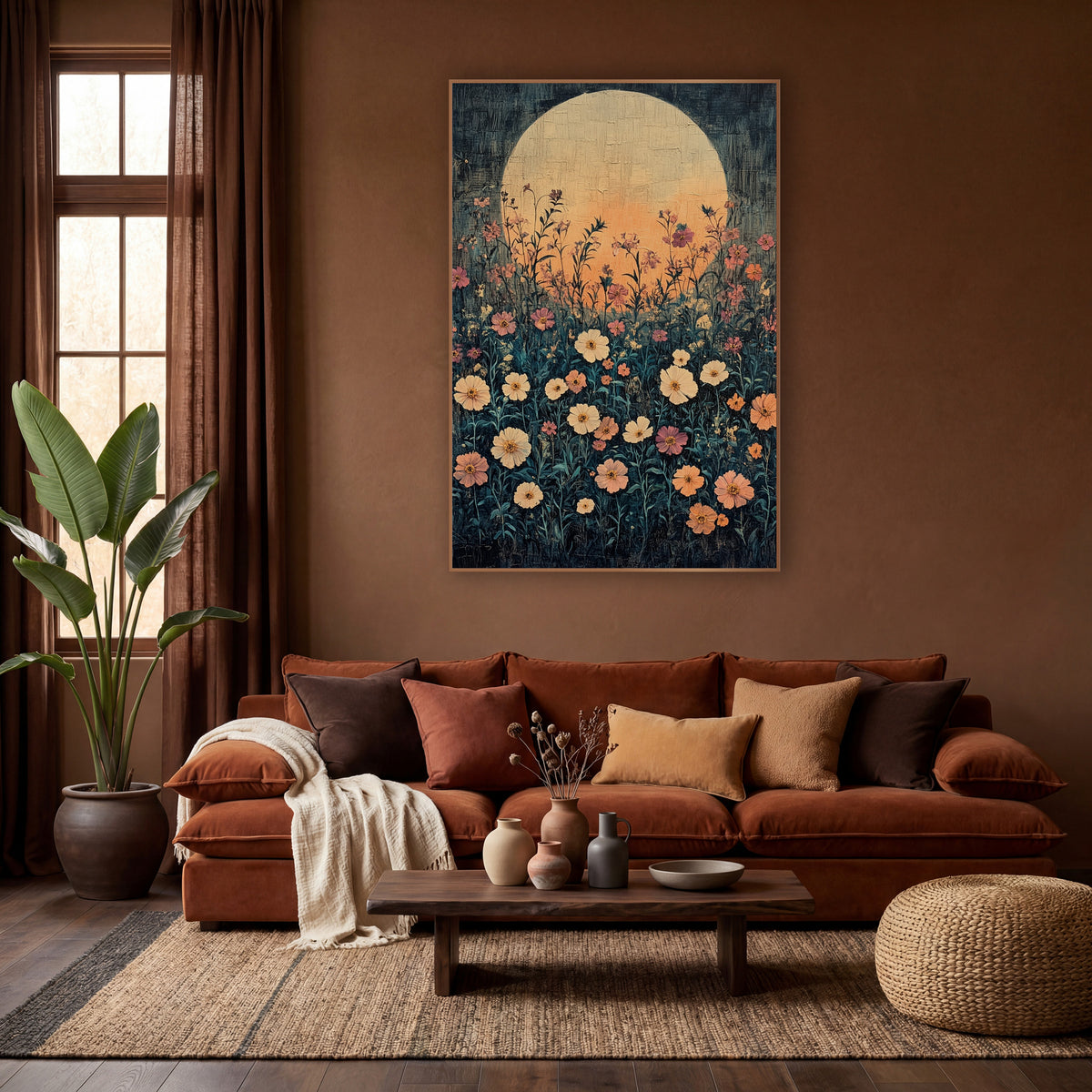 Moonlit Wildflower Meadow Boho wall art in a warm boho-style room – cream, peach and rose wildflowers on tall stems