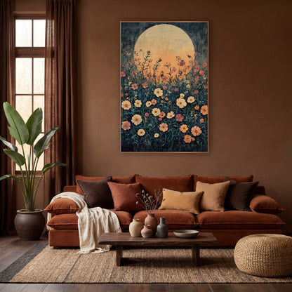Moonlit Wildflower Meadow Boho wall art in a warm boho-style room – cream, peach and rose wildflowers on tall stems
