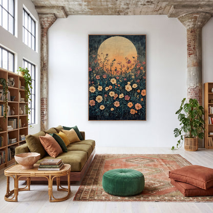 Moonlit Wildflower Meadow Boho wall art in a warm boho-style room – cream, peach and rose wildflowers on tall stems