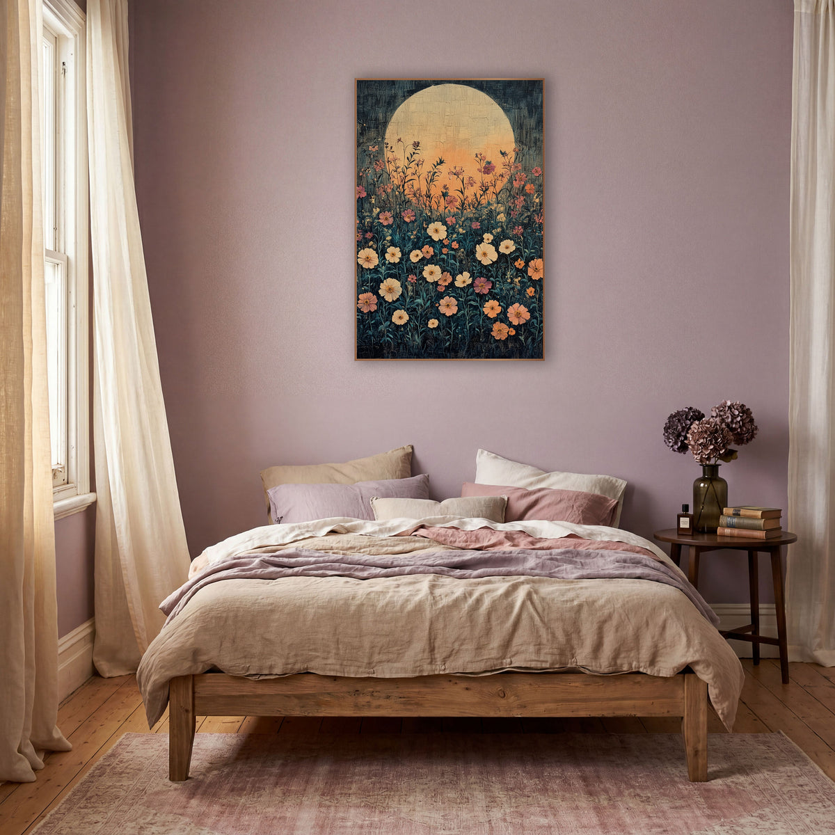 Moonlit Wildflower Meadow Boho wall art in a warm boho-style room – cream, peach and rose wildflowers on tall stems