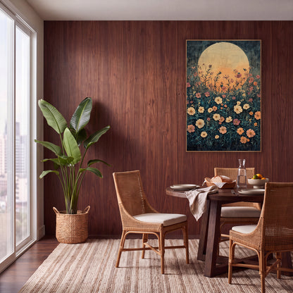 Moonlit Wildflower Meadow Boho wall art in a warm boho-style room – cream, peach and rose wildflowers on tall stems