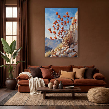 Ocotillo Bloom Southwestern Landscape wall art in a warm boho-style room – ocotillo stems with orange-red blooms