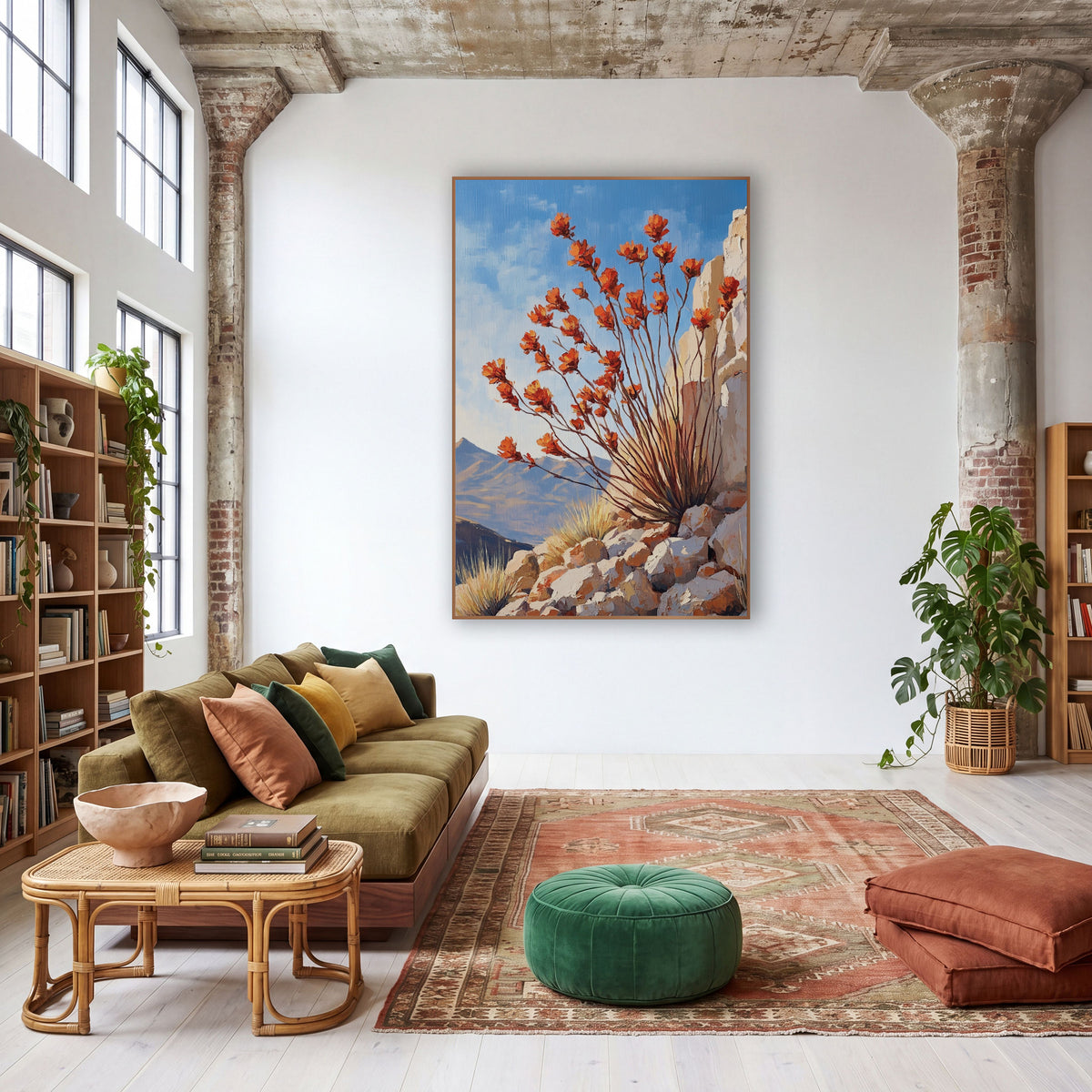 Ocotillo Bloom Southwestern Landscape wall art in a warm boho-style room – ocotillo stems with orange-red blooms