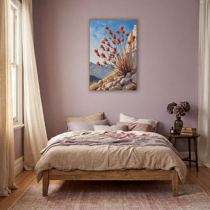 Ocotillo Bloom Southwestern Landscape wall art in a warm boho-style room – ocotillo stems with orange-red blooms
