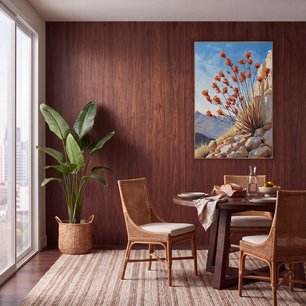 Ocotillo Bloom Southwestern Landscape wall art in a warm boho-style room – ocotillo stems with orange-red blooms