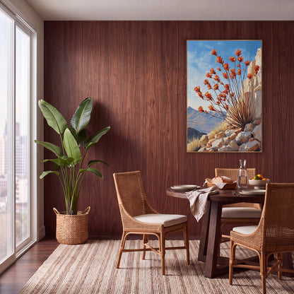 Ocotillo Bloom Southwestern Landscape wall art in a warm boho-style room – ocotillo stems with orange-red blooms