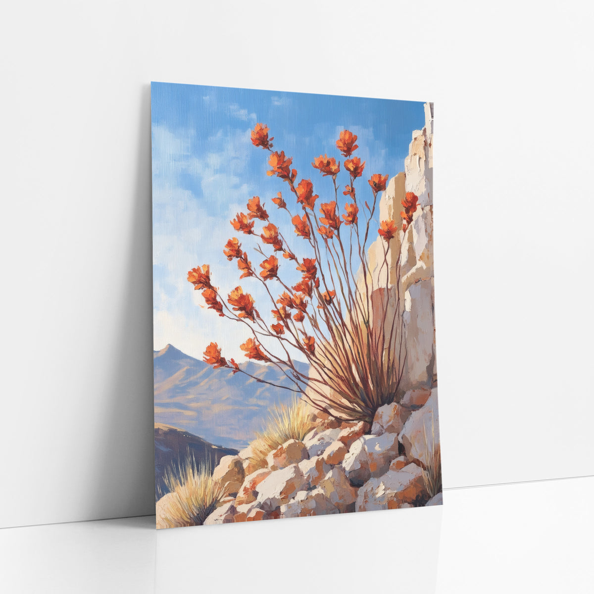 Ocotillo Bloom Southwestern Landscape art print leaning against a white wall – ocotillo stems with orange-red blooms