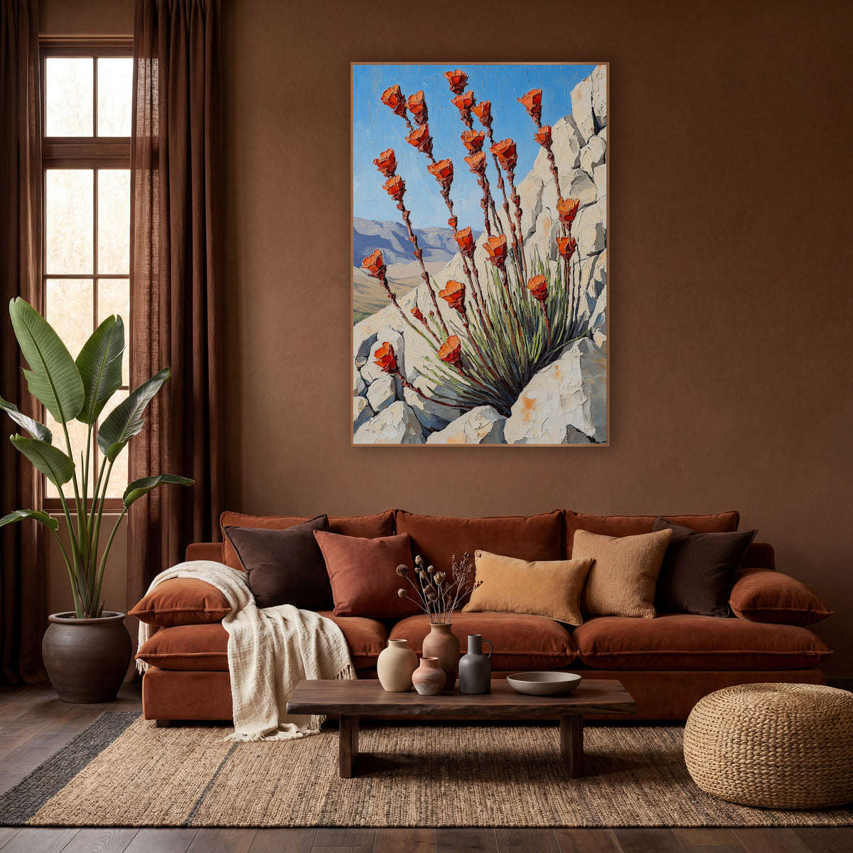 Orange Ocotillo Southwestern Boho wall art in a warm boho-style room – orange ocotillo flowers on tall reddish stems