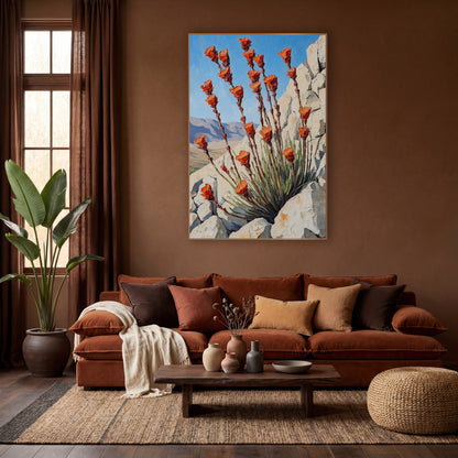 Orange Ocotillo Southwestern Boho wall art in a warm boho-style room – orange ocotillo flowers on tall reddish stems