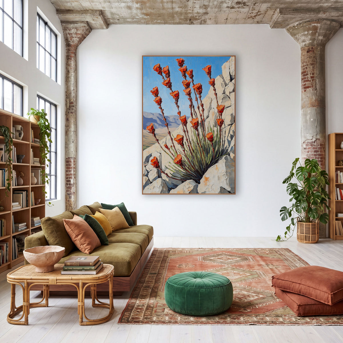Orange Ocotillo Southwestern Boho wall art in a warm boho-style room – orange ocotillo flowers on tall reddish stems