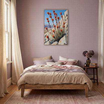 Orange Ocotillo Southwestern Boho wall art in a warm boho-style room – orange ocotillo flowers on tall reddish stems
