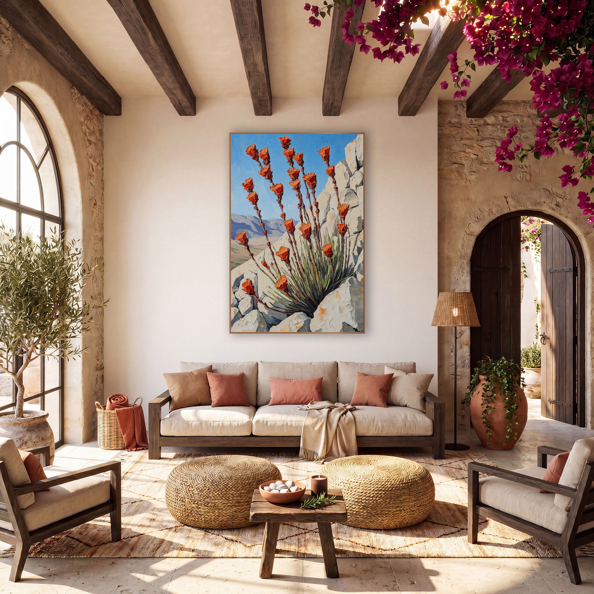 Orange Ocotillo Southwestern Boho wall art in a warm boho-style room – orange ocotillo flowers on tall reddish stems