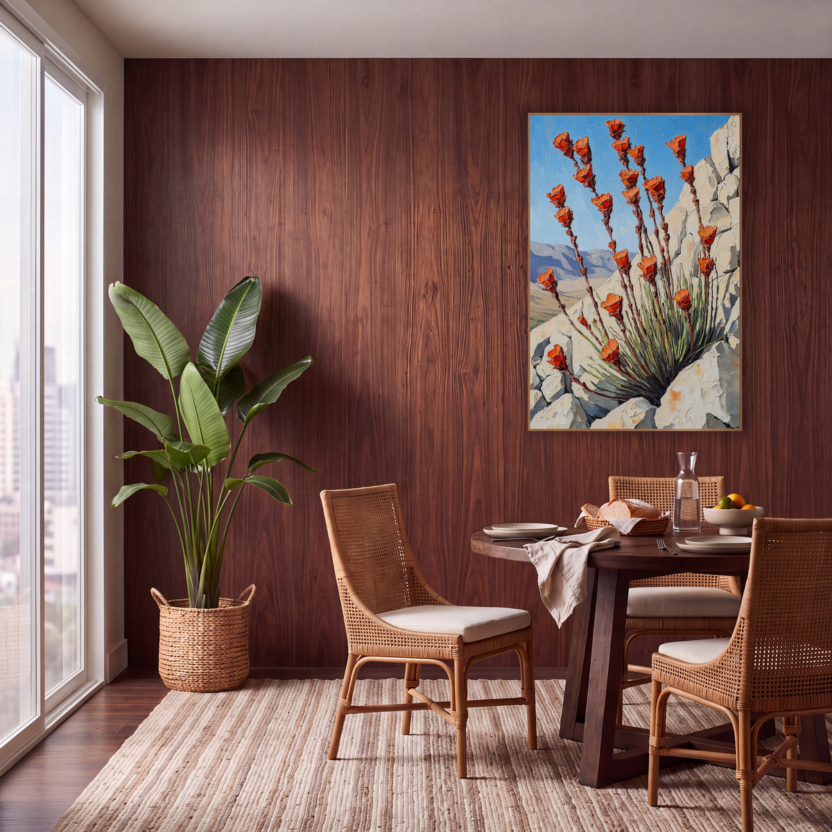 Orange Ocotillo Southwestern Boho wall art in a warm boho-style room – orange ocotillo flowers on tall reddish stems