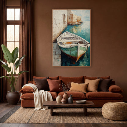 Quiet Harbor Rowboat Coastal Boho wall art in a warm boho-style room – white rowboat with green hull moored