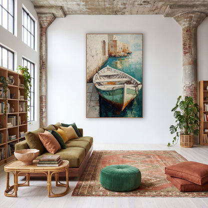 Quiet Harbor Rowboat Coastal Boho wall art in a warm boho-style room – white rowboat with green hull moored
