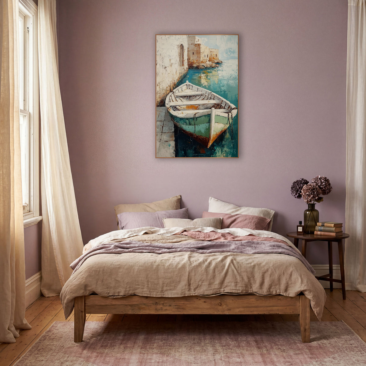 Quiet Harbor Rowboat Coastal Boho wall art in a warm boho-style room – white rowboat with green hull moored