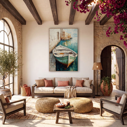 Quiet Harbor Rowboat Coastal Boho wall art in a warm boho-style room – white rowboat with green hull moored