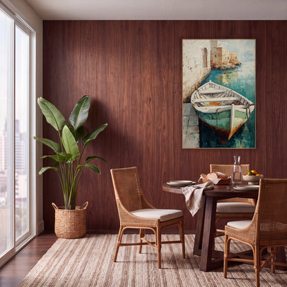 Quiet Harbor Rowboat Coastal Boho wall art in a warm boho-style room – white rowboat with green hull moored